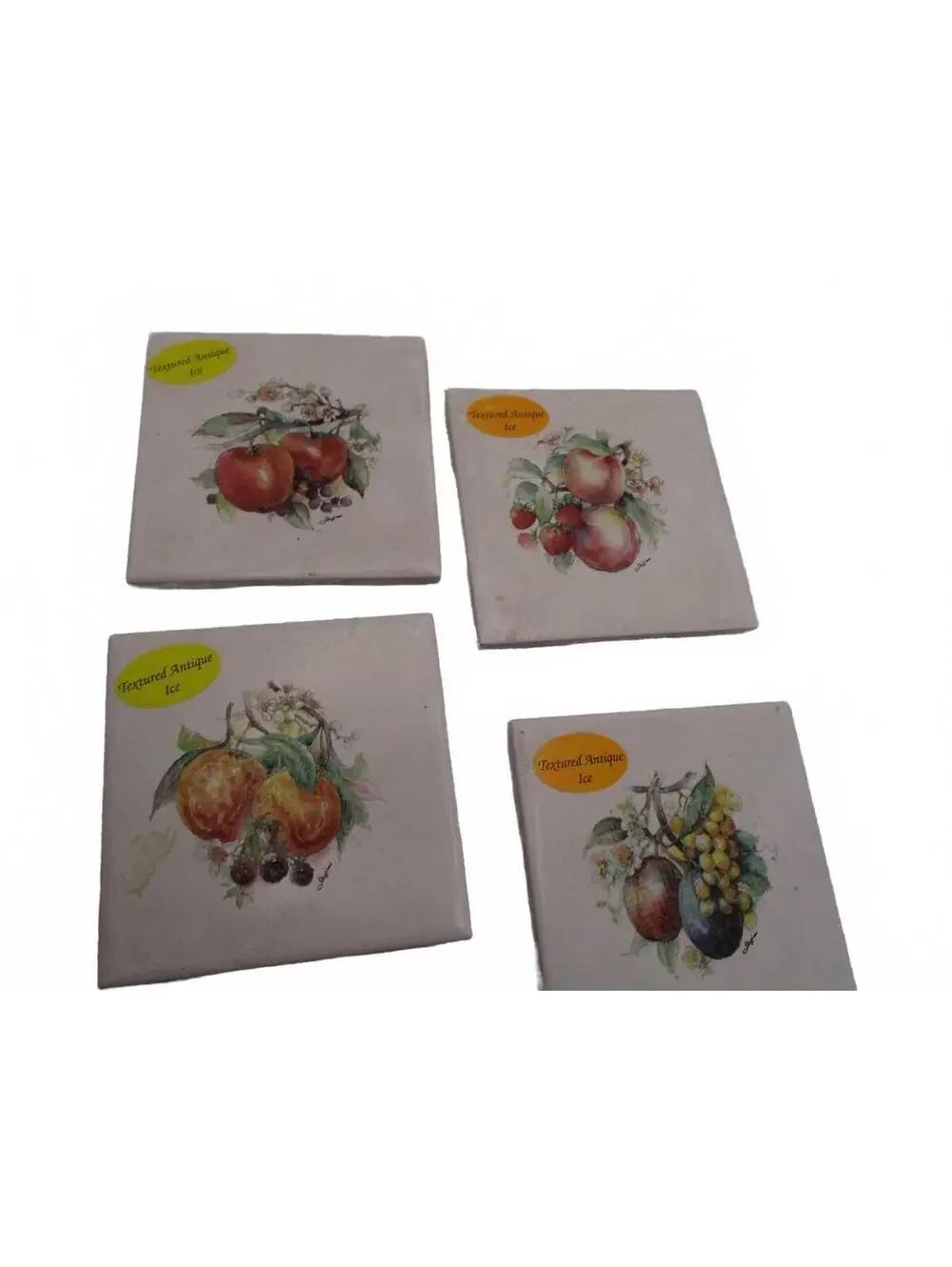 Vintage US Ceramic Fruit Tiles Set of 4 Orange Pear Ice Glaze 4.5x4.5